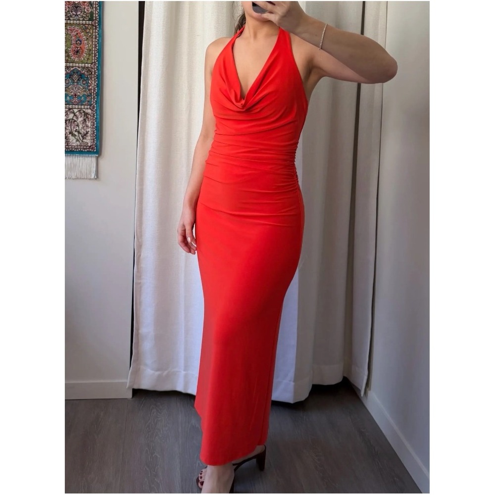 Wilfred Aritzia Maxi Dress Size M Orange Red Kaia Ruched Cowl Halter Evening
